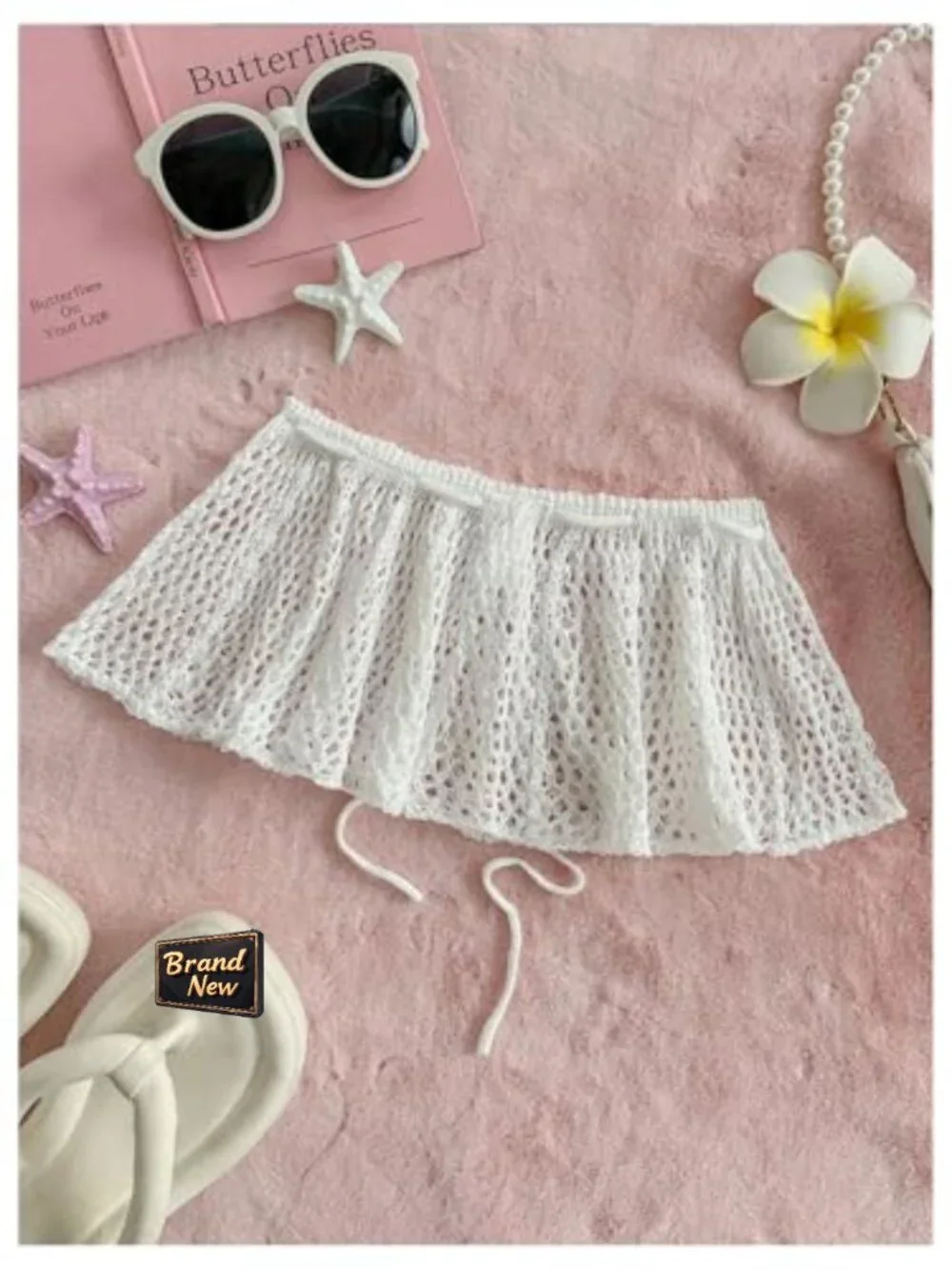 Crochet Mini Skirt Cover Up Tie Front Hollow Out Knit Beach Coverup - Picture 2 of 5